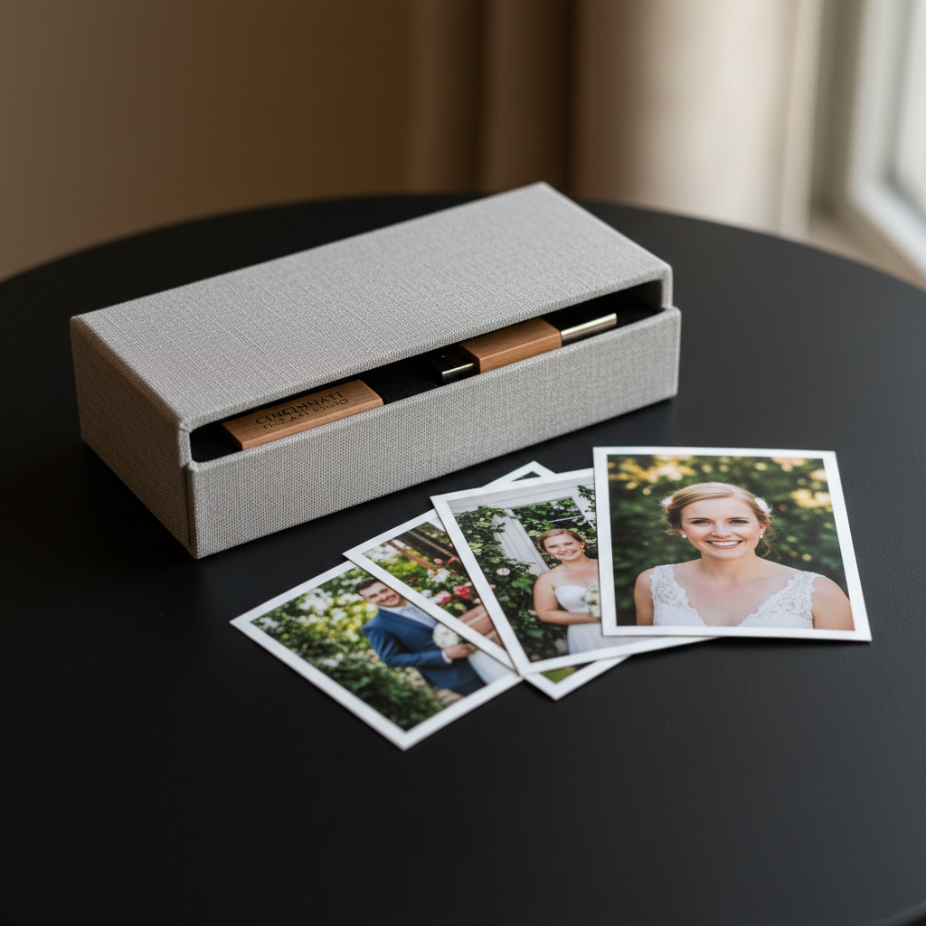 A polished image of an elegant USB presentation box and printed photography products displayed on a matte black tabletop. The box, wrapped in textured linen with a soft dove-gray hue, is slightly open to reveal a custom wooden USB drive with a refined metallic accent, its surface catching a delicate highlight. Nearby, a small stack of thick, archival-quality photo prints of wedding and portrait scenes lies partially fanned, their edges clean and crisp, showing rich, realistic color and deep contrast. Soft side lighting from a nearby window creates subtle shadows and a luxurious, tactile feel, while the background falls into a smooth, unfocused gradient. Captured from a close, slightly elevated angle with shallow depth of field, the scene exudes premium, sophisticated photographic branding for a Cincinnati-based studio.