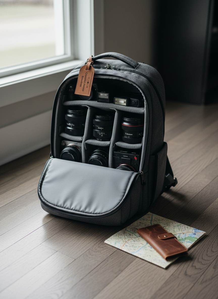 A thoughtfully composed travel-ready photography scene featuring a sleek, charcoal-gray camera backpack standing upright, unzipped to reveal neatly organized camera bodies, lenses, and a compact flash inside, each nestling in soft, custom foam compartments. A small travel tag reading “Cincinnati ↔ Destination” hangs from the handle, hinting at regional and destination work. The bag sits on a lightly scuffed, dark hardwood floor near a large window, through which soft overcast daylight pours, creating a gentle, even illumination and subtle shadows. A folded city map and a slim passport wallet rest beside the bag, edges slightly worn, suggesting frequent journeys. Shot from a low, three-quarter angle with a moderate depth of field, the mood is poised and aspirational, conveying readiness to travel for weddings, portraits, and events in a realistic, sophisticated style.