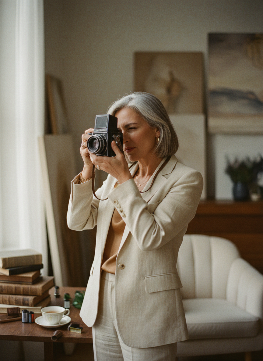 Photographer holding a film camera in soft moody light