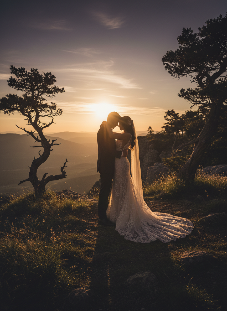 Wedding couple embracing in golden dusk light